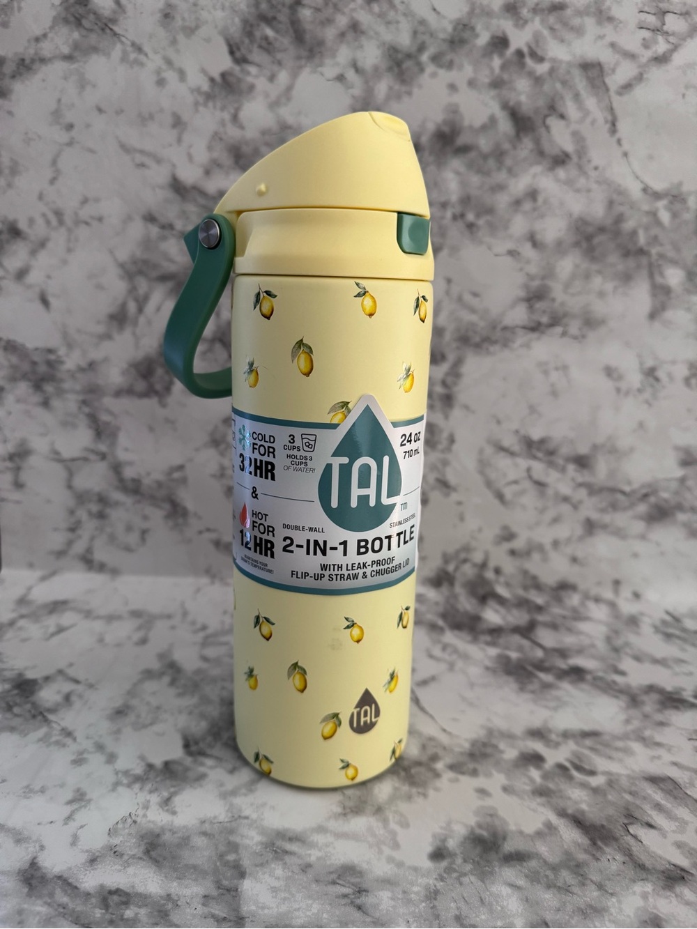 TAL 2-in-1 Insulated Water Bottle with Lemon Print - Yellow